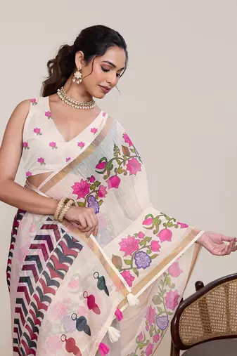 Cream floral printed linen saree with blouse zari border traditional festival wear elegant look