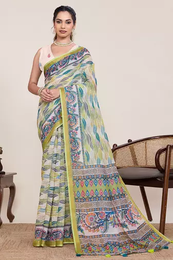 Green linen saree floral print zari border with blouse lightweight traditional festival saree