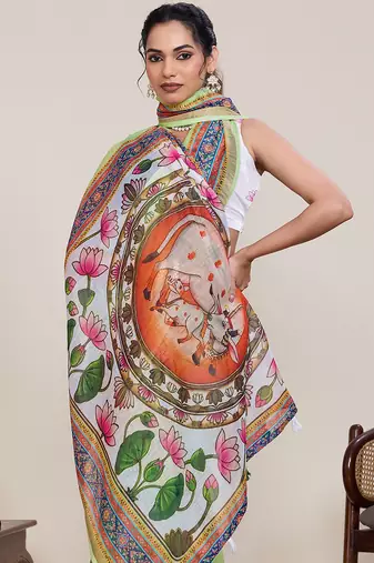 Light green printed linen saree with floral design zari border blouse casual festival wear saree