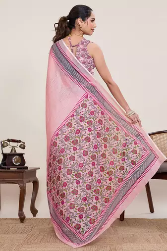 Pink linen saree with floral print zari border blouse lightweight traditional casual wear saree