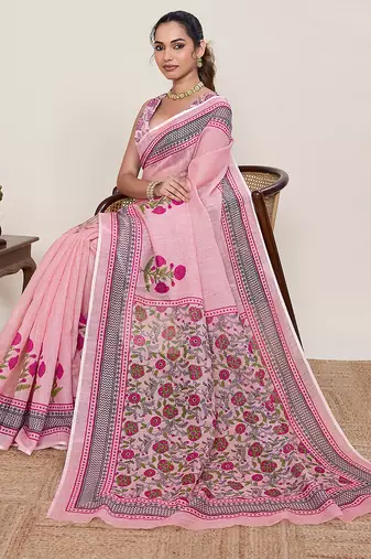 Pink linen saree with floral print zari border blouse lightweight traditional casual wear saree
