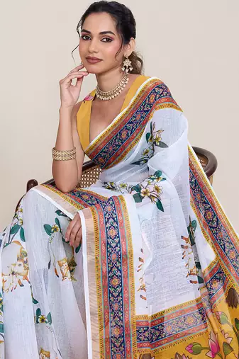 White printed linen saree with floral design zari border blouse casual festival wear saree