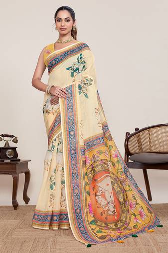 Yellow linen floral printed saree with blouse contrast border traditional ethnic festival wear