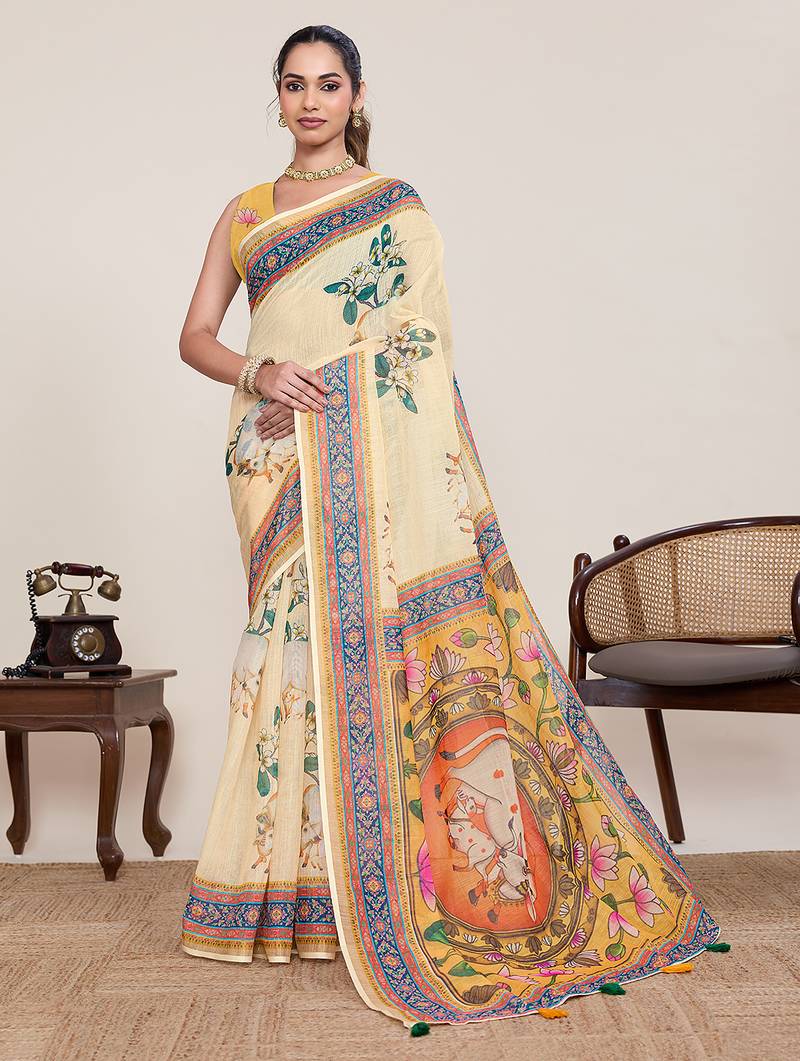 Yellow linen floral printed saree with blouse contrast border traditional ethnic festival wear