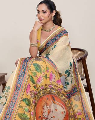Yellow linen floral printed saree with blouse contrast border traditional ethnic festival wear 4