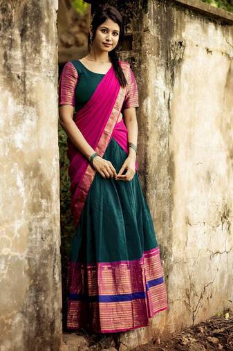 Teal Color Kanchi Cotton South Indian Functional Wear Lehenga Choli