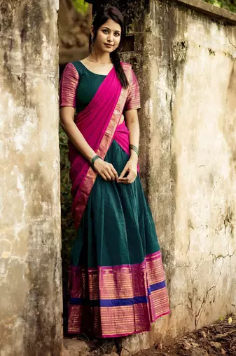 Teal Color Kanchi Cotton South Indian Functional Wear Lehenga Choli