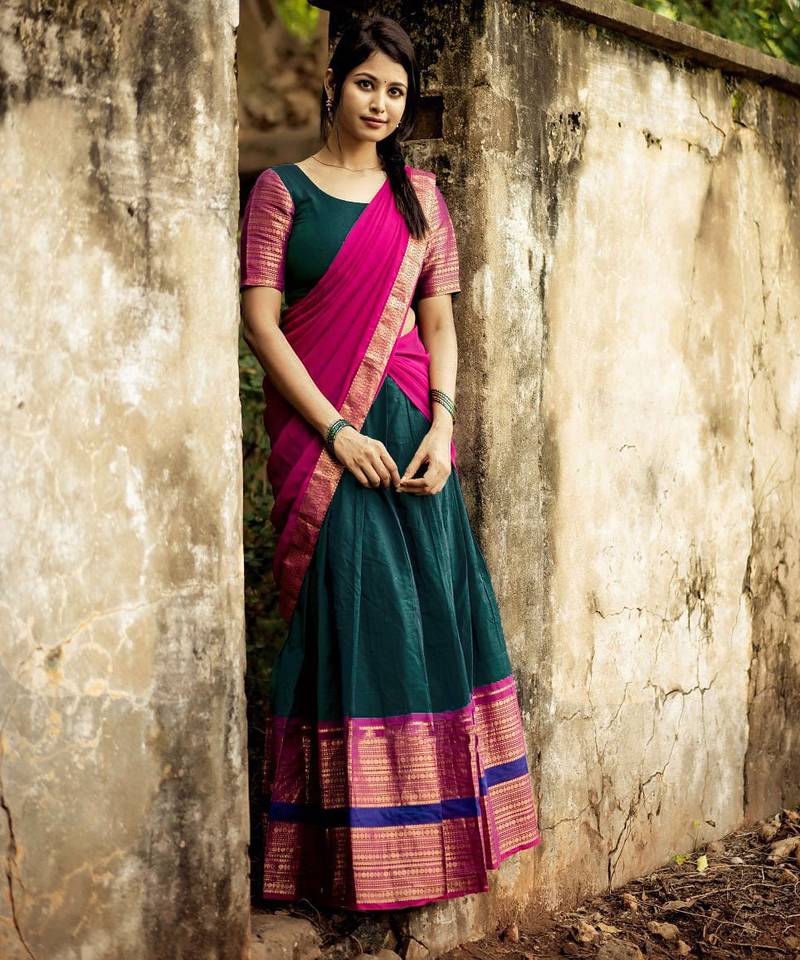 Teal Color Kanchi Cotton South Indian Functional Wear Lehenga Choli