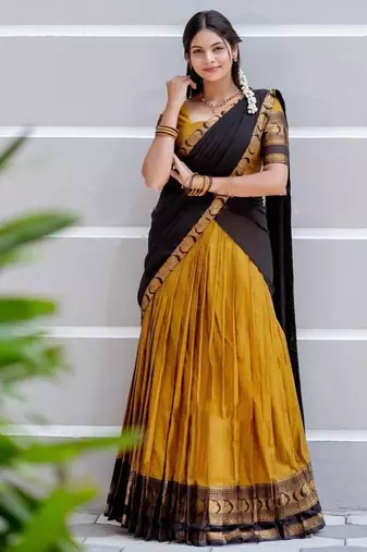 Yellow Color Kanchi Cotton South Indian Functional Wear Lehenga Choli