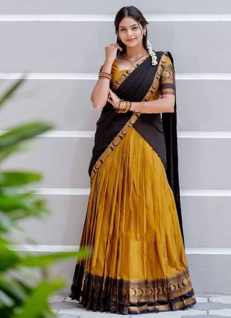 Yellow Color Kanchi Cotton South Indian Functional Wear Lehenga Choli
