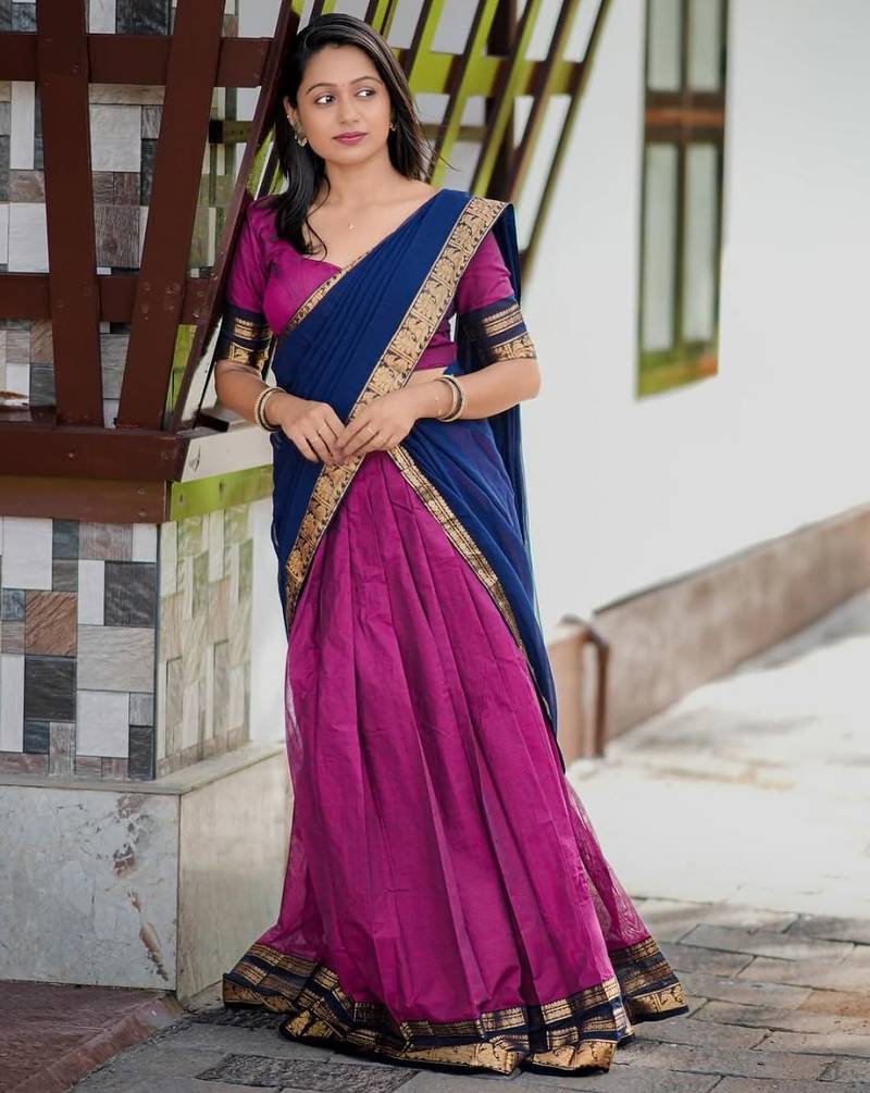 Pink Color Kanchi Cotton South Indian Functional Wear Lehenga Choli