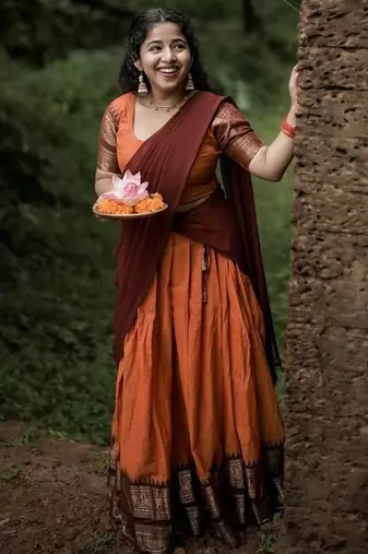 Orange Color Kanchi Cotton South Indian Functional Wear Lehenga Choli