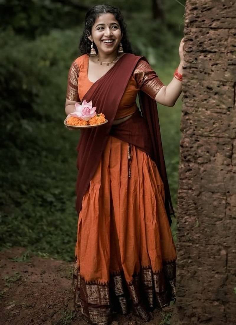 Orange Color Kanchi Cotton South Indian Functional Wear Lehenga Choli