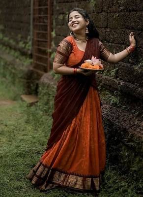 Orange Color Kanchi Cotton South Indian Functional Wear Lehenga Choli 2