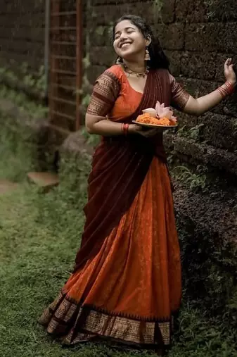Orange Color Kanchi Cotton South Indian Functional Wear Lehenga Choli