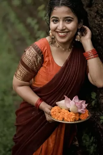 Orange Color Kanchi Cotton South Indian Functional Wear Lehenga Choli