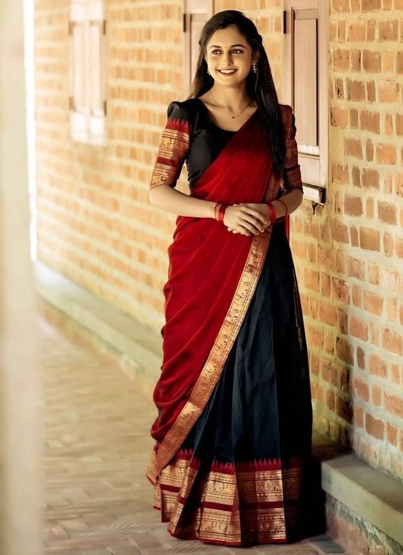 Black Color Kanchi Cotton South Indian Functional Wear Lehenga Choli