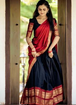 Black Color Kanchi Cotton South Indian Functional Wear Lehenga Choli 3