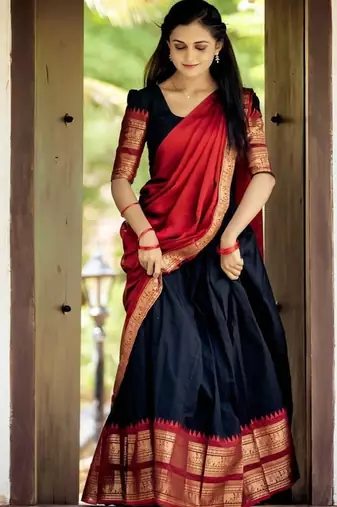 Black Color Kanchi Cotton South Indian Functional Wear Lehenga Choli