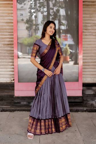 Lavender Color Kanchi Cotton South Indian Functional Wear Lehenga Choli