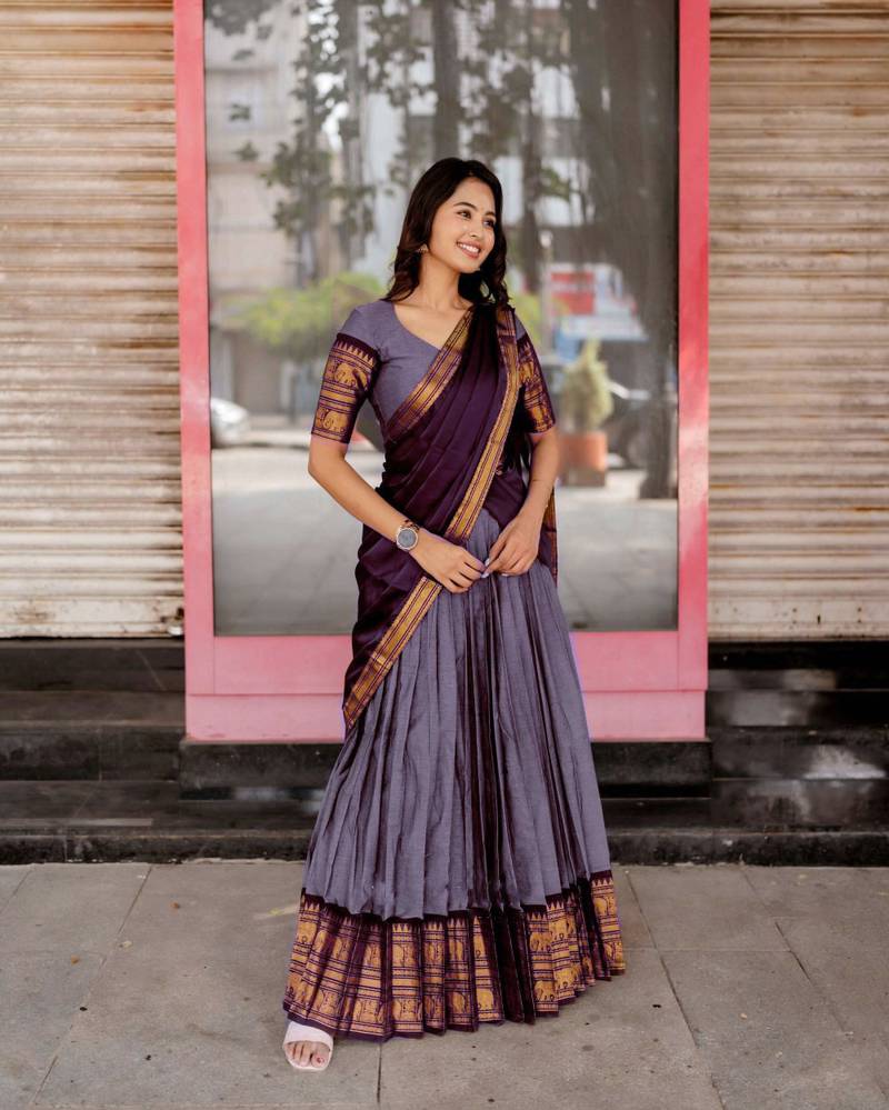Lavender Color Kanchi Cotton South Indian Functional Wear Lehenga Choli