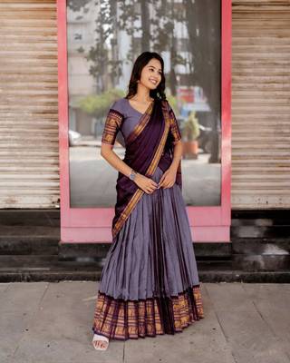 Lavender Color Kanchi Cotton South Indian Functional Wear Lehenga Choli 1