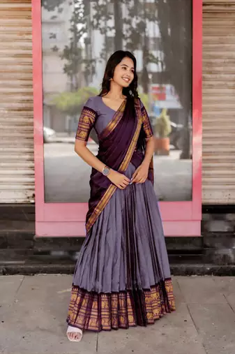 Lavender Color Kanchi Cotton South Indian Functional Wear Lehenga Choli