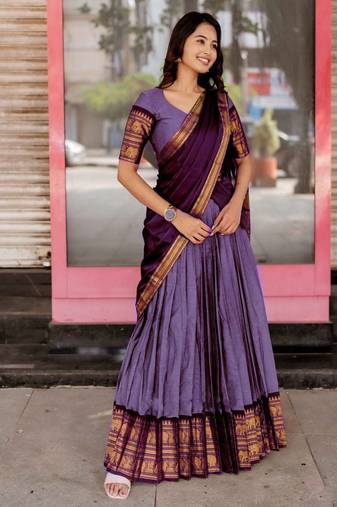 Lavender Color Kanchi Cotton South Indian Functional Wear Lehenga Choli
