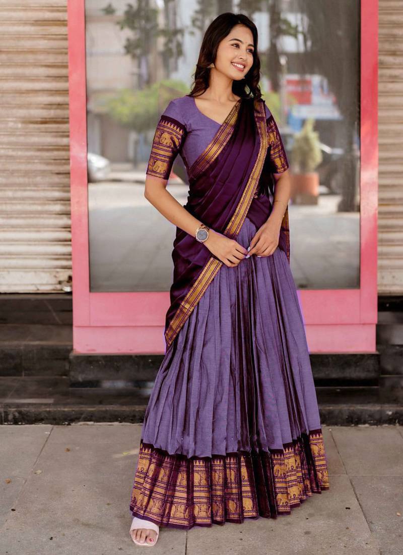 Lavender Color Kanchi Cotton South Indian Functional Wear Lehenga Choli