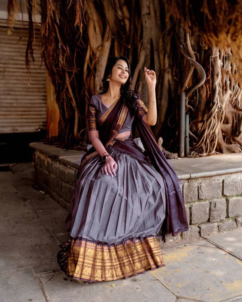 Lavender Color Kanchi Cotton South Indian Functional Wear Lehenga Choli