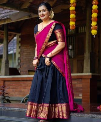Blue Color Kanchi Cotton South Indian Functional Wear Lehenga Choli 1