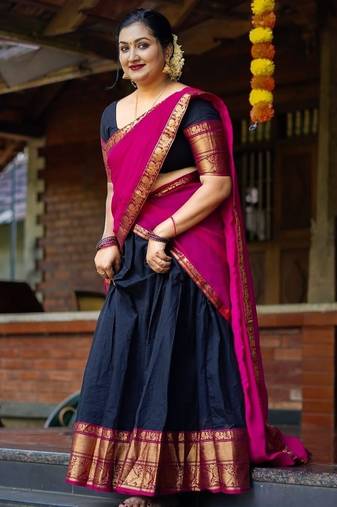 Blue Color Kanchi Cotton South Indian Functional Wear Lehenga Choli