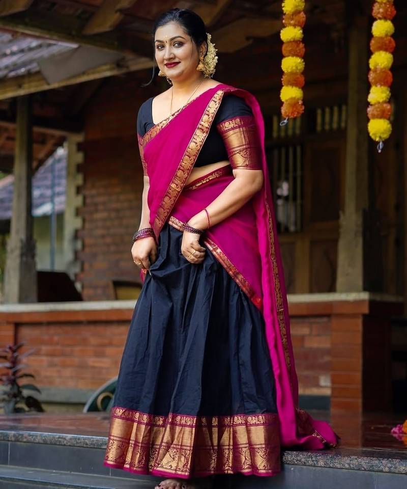 Blue Color Kanchi Cotton South Indian Functional Wear Lehenga Choli