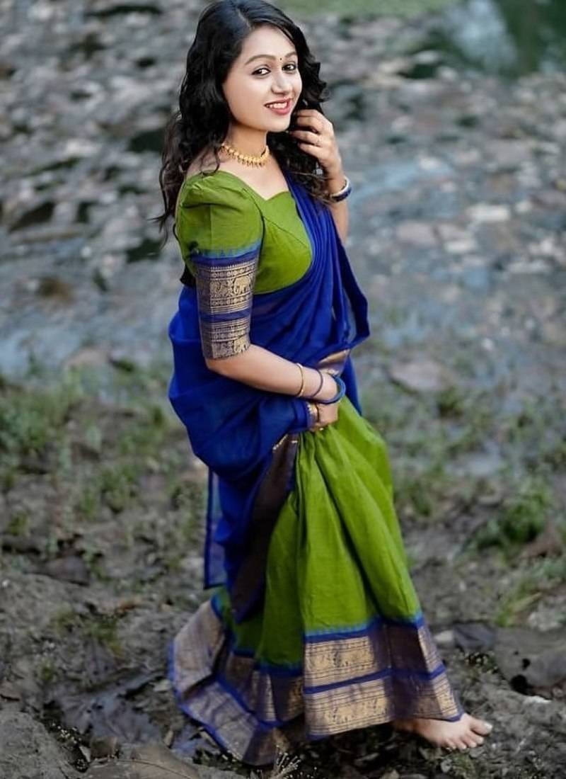 Parrot Green Color Kanchi Cotton South Indian Functional Wear Lehenga Choli
