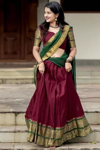 Maroon Color Kanchi Cotton South Indian Functional Wear Lehenga Choli