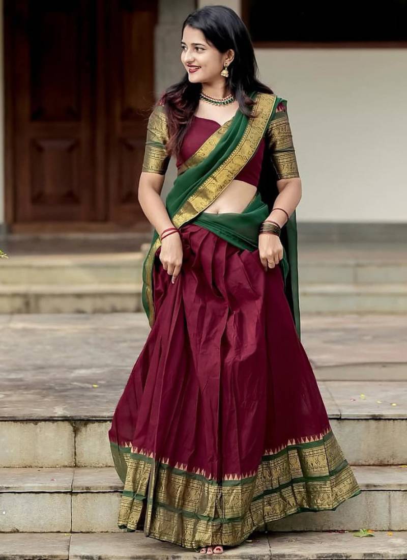 Maroon Color Kanchi Cotton South Indian Functional Wear Lehenga Choli