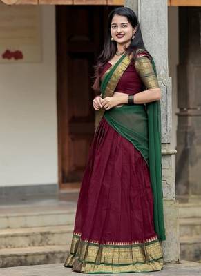Maroon Color Kanchi Cotton South Indian Functional Wear Lehenga Choli 2