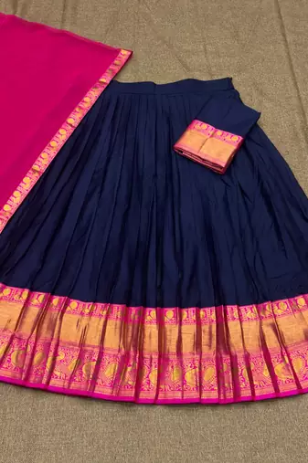 Blue Color Kanchi Cotton South Indian Functional Wear Lehenga Choli