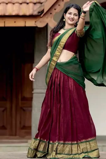 Maroon Color Kanchi Cotton South Indian Functional Wear Lehenga Choli