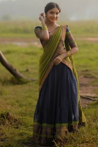 Blue Color Kanchi Cotton South Indian Functional Wear Lehenga Choli