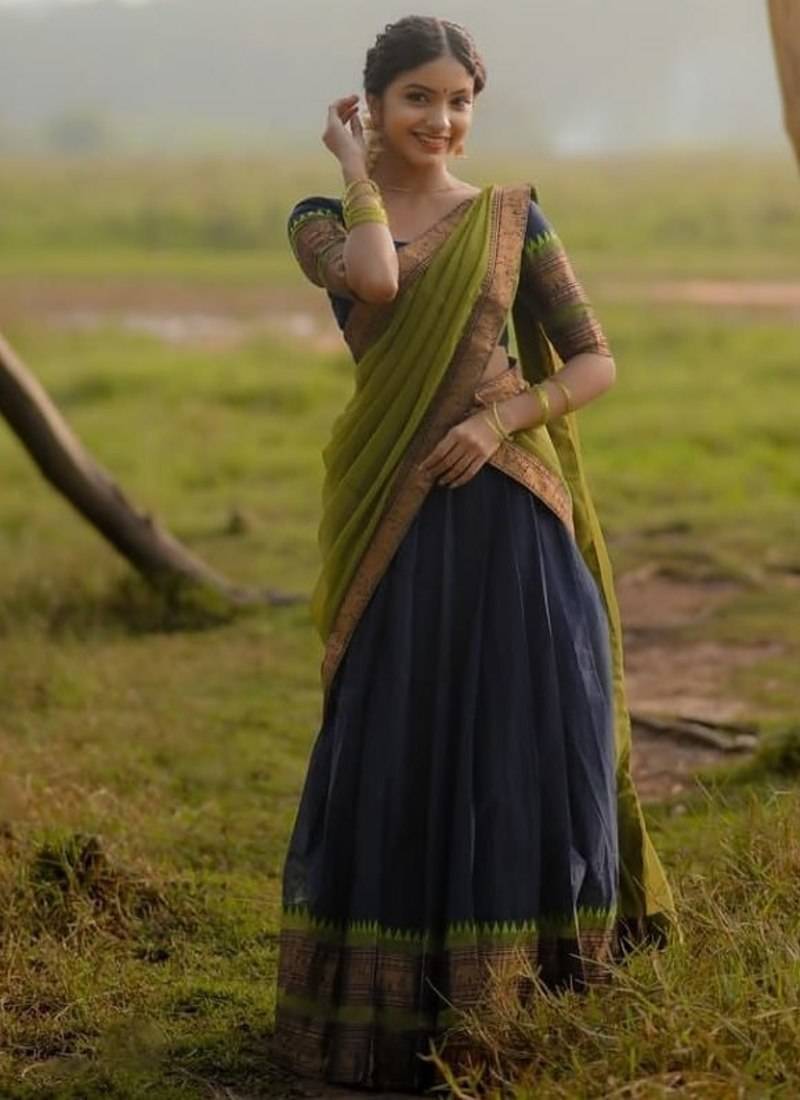 Blue Color Kanchi Cotton South Indian Functional Wear Lehenga Choli