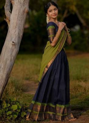 Blue Color Kanchi Cotton South Indian Functional Wear Lehenga Choli 2