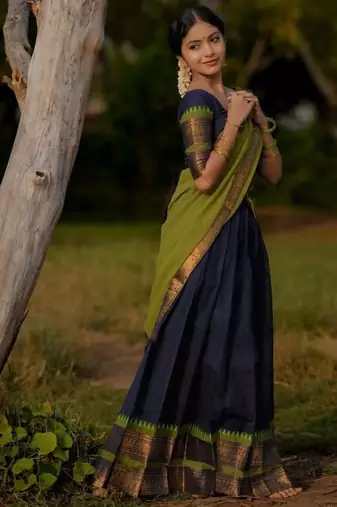Blue Color Kanchi Cotton South Indian Functional Wear Lehenga Choli