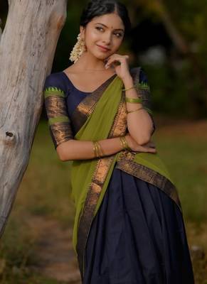 Blue Color Kanchi Cotton South Indian Functional Wear Lehenga Choli 3