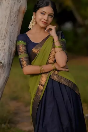 Blue Color Kanchi Cotton South Indian Functional Wear Lehenga Choli