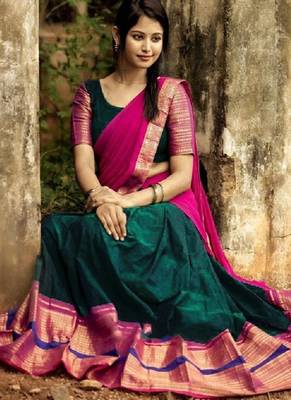Teal Color Kanchi Cotton South Indian Functional Wear Lehenga Choli 3