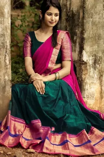 Teal Color Kanchi Cotton South Indian Functional Wear Lehenga Choli