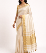 Beige woven cotton silk saree with blouse piece
