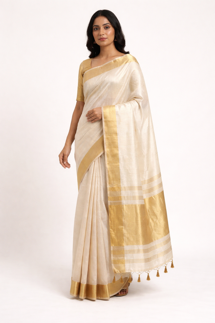 Beige woven cotton silk saree with blouse piece