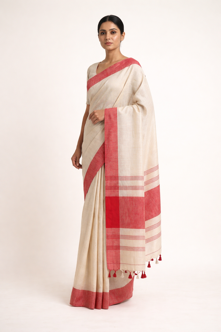 Red woven cotton silk saree with blouse piece